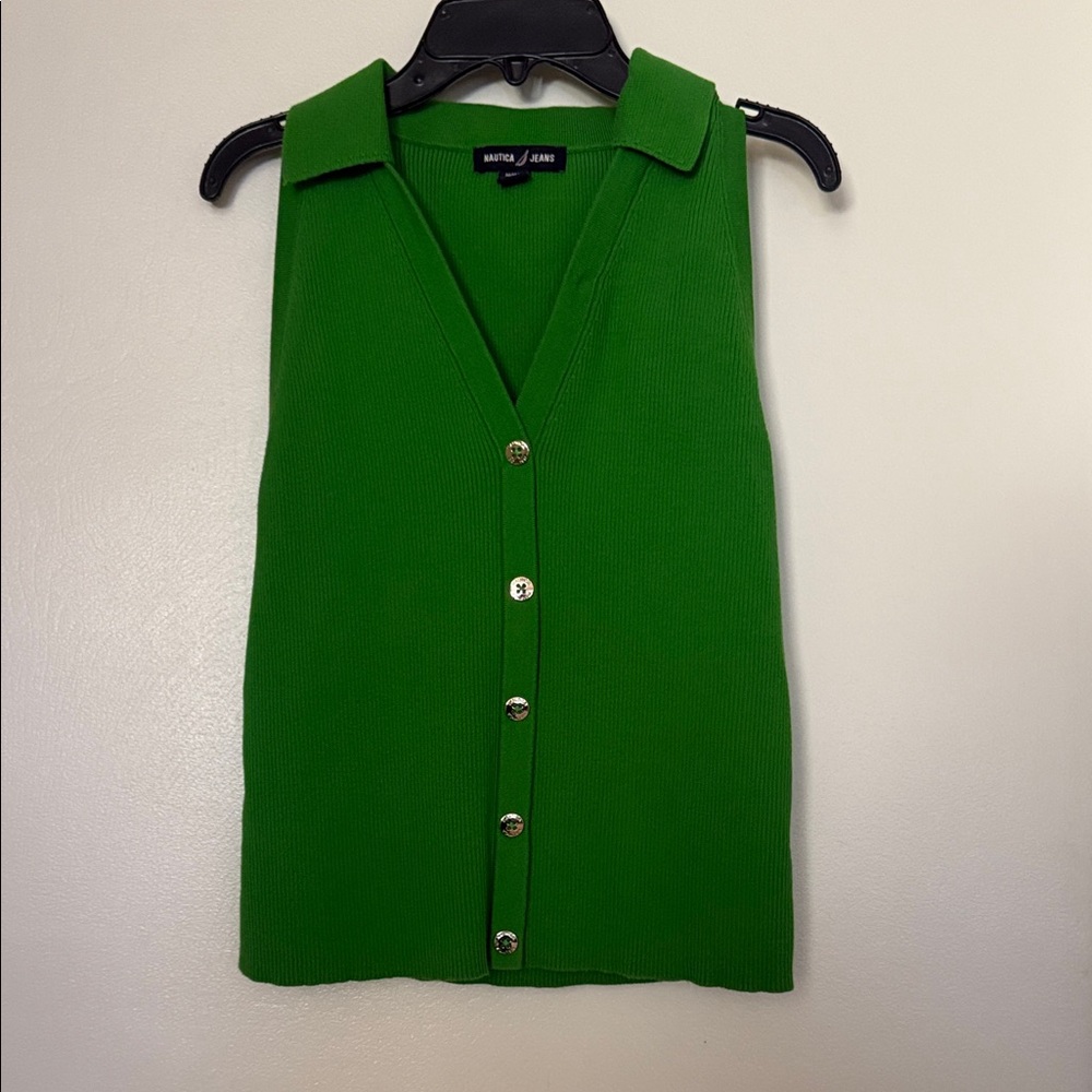 Nautica Green Sleeveless Collared Button-Front Knit Top